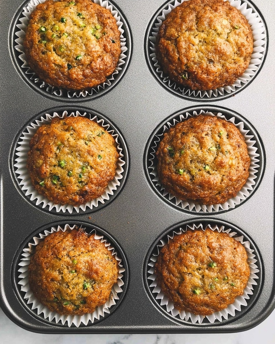 A close-up top view of two golden brown muffins in a grey metal muffin tray, each muffin showing a slightly rough textured top with small green and yellow bits visible inside. The muffins have a soft, slightly bumpy surface and are sitting in thin white paper liners with ruffled edges. The background is a white marbled texture. photo taken with an iphone --ar 4:5 --v 6.1