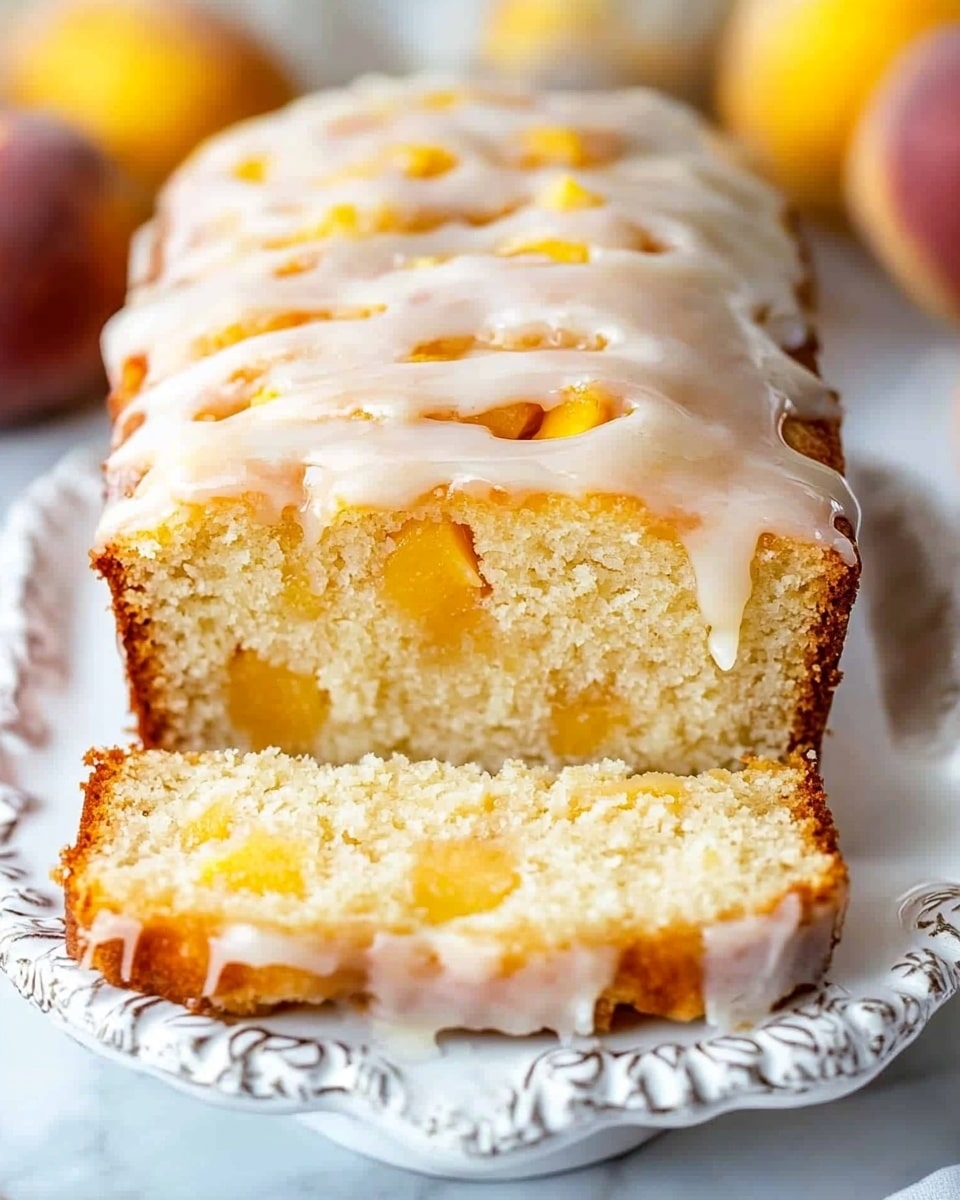 A loaf cake with a golden-brown crust sits on a white plate with decorative edges. The cake is topped with a thick layer of creamy white glaze drizzled unevenly, some dripping down the side. The cake surface under the glaze shows soft cracks and a light sponge texture with hints of yellow inside. In the background, there are three whole peaches with reddish-orange skin resting on a white marbled surface. The photo taken with an iphone --ar 4:5 --v 6.1
