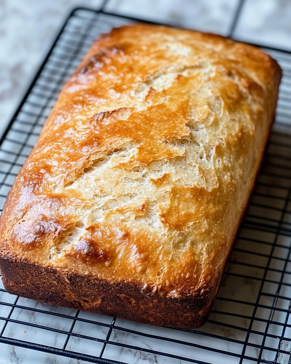 The image shows a rectangular loaf of bread with a golden-brown crust, sitting on a black metal cooling rack. The bread has a slightly cracked top with a textured surface, showing some lighter beige and darker golden spots, indicating a well-baked crust. The sides are evenly browned and firm, contrasting with the soft-looking interior seen through the cracks. The cooling rack and the rustic wooden surface underneath it have been replaced with a white marbled texture in the description. photo taken with an iphone --ar 4:5 --v 6.1