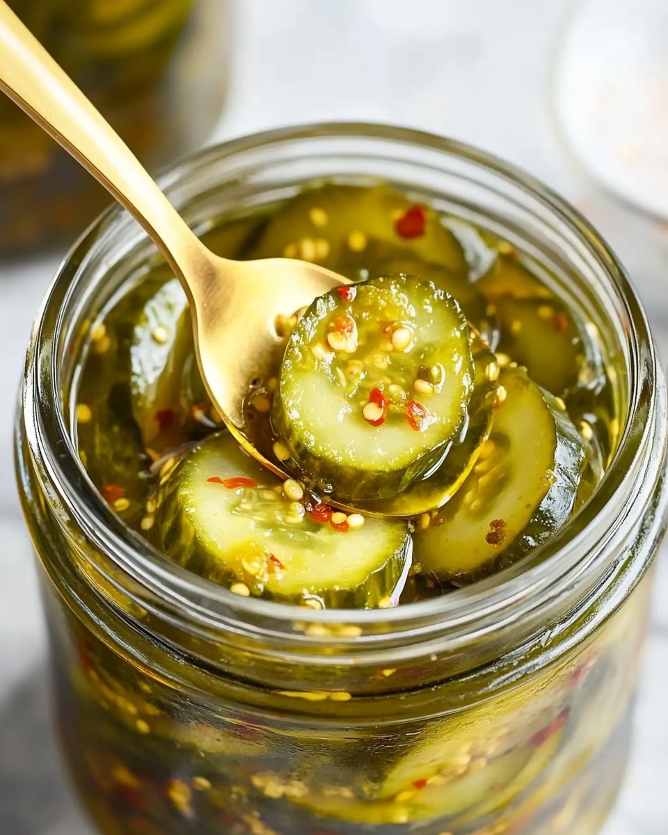 A clear glass jar filled with multiple thin green pickle slices soaked in a yellowish brine with visible mustard seeds and red seasoning bits, the jar is open and placed on a white marbled surface. The background shows three more similar jars, each sealed with silver lids, slightly blurred but still recognizable. A white cloth with a subtle pattern lies to the left of the jar, and the jar's silver lid rests open on the right side. The overall look is fresh and clean with a slight shine on the pickle slices, highlighting their moist texture photo taken with an iphone --ar 4:5 --v 6.1