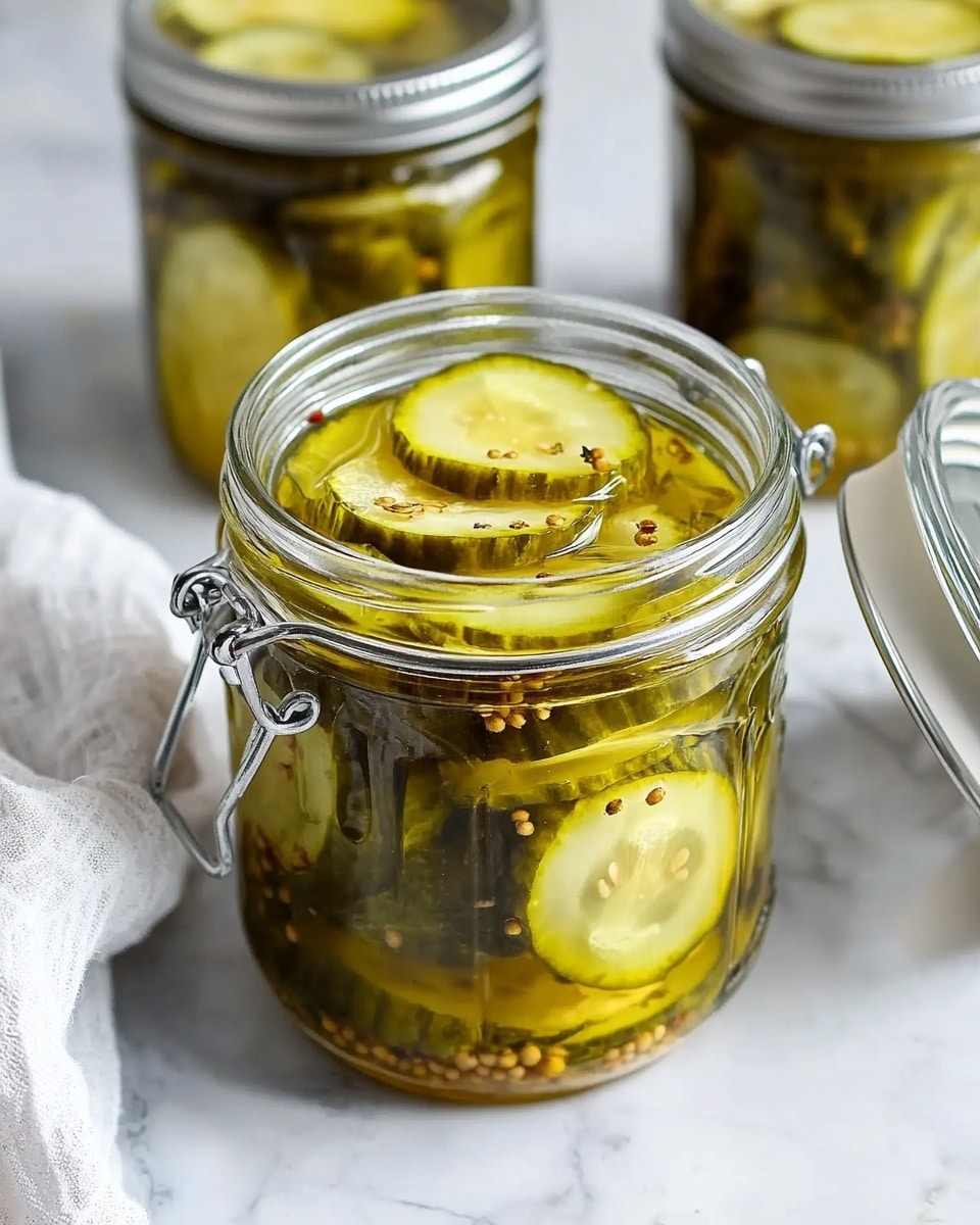 A metal pot filled with thinly sliced cucumbers and onions, submerged in a clear liquid with visible mustard seeds floating on top. The cucumber slices are mostly circular and green, with some pieces shaped like hearts. The onions are thin and stringy, light in color, mingling evenly throughout the pot. The pot has two shiny metal handles on each side, resting on a white marbled surface. Steam lightly rises from the liquid, giving a sense of warmth. photo taken with an iphone --ar 4:5 --v 6.1