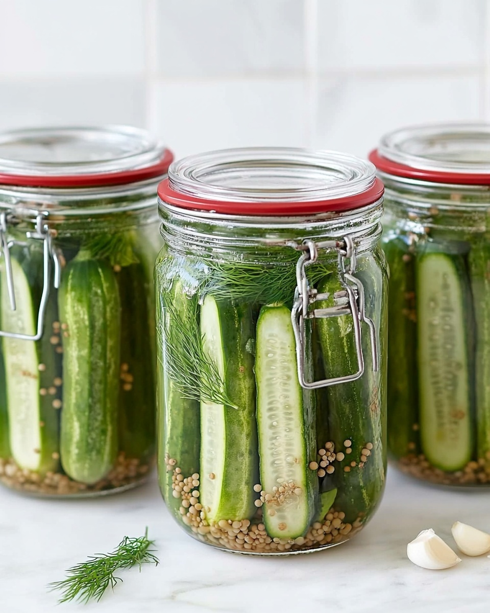 Four tall clear glass jars stand in a row on a white marbled surface with a white tiled background. Each jar is filled with bright green cucumber spears standing vertically, surrounded by sprigs of green dill and small white garlic cloves. Clear liquid is being poured into the second jar from the right by a woman's hand holding a glass measuring cup. The jars are see-through, showing the fresh ingredients inside, with light reflections on the glass. Photo taken with an iphone --ar 4:5 --v 6.1