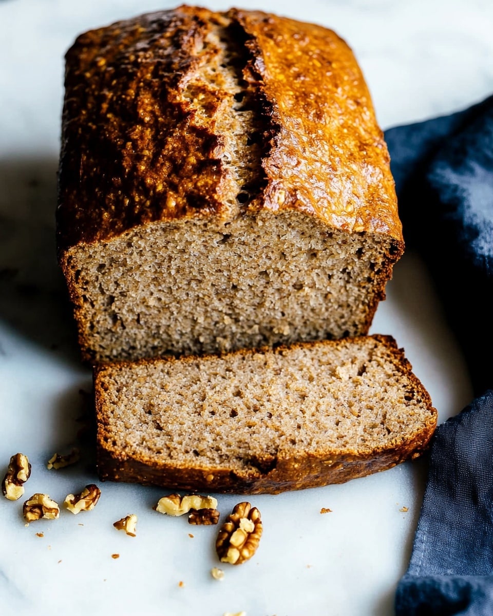 A loaf of brown nut bread is shown on a white marbled surface with two slices cut in front of the loaf. The bread has a golden brown crust on top with a split along the middle, and the inside is light brown with visible pieces of chopped nuts scattered throughout the soft texture. There are a few small bread crumbs on the surface near the loaf. A dark blue cloth is partially visible in the bottom right corner of the image. Photo taken with an iphone --ar 4:5 --v 6.1