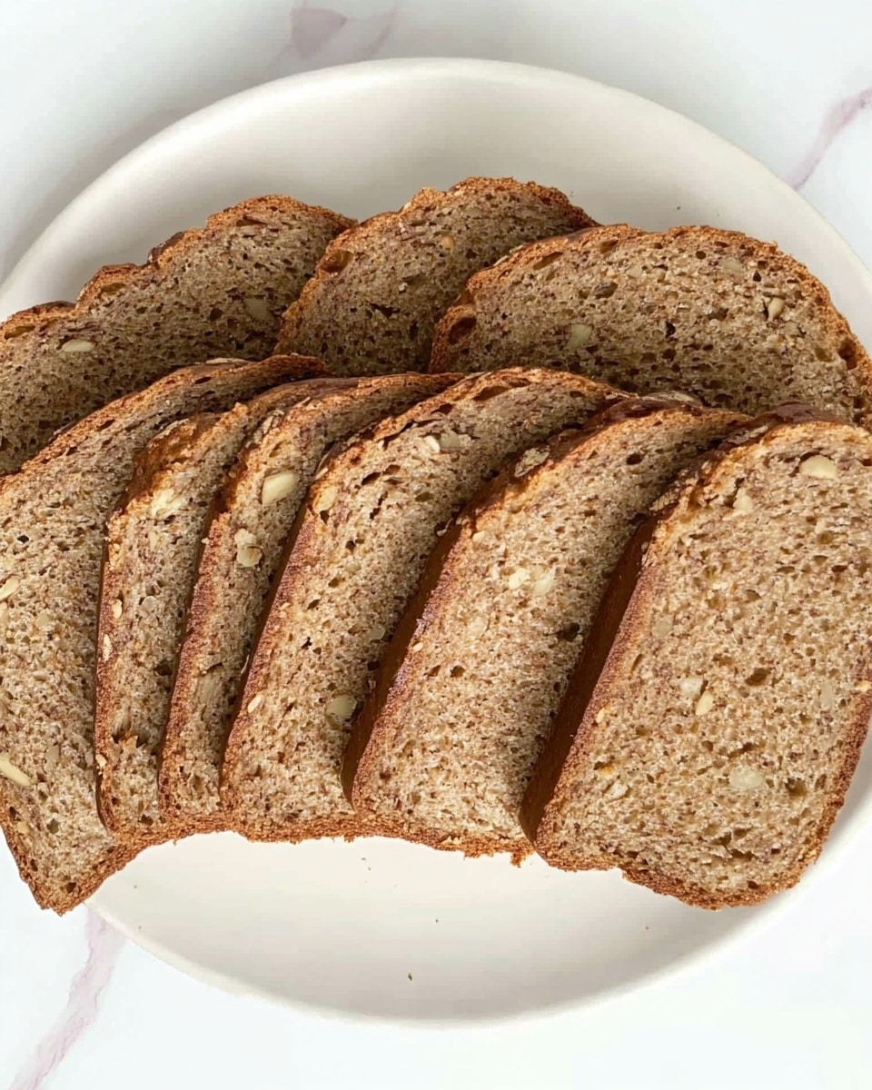 A close-up view of a sliced loaf of bread arranged in a slight curve on a white plate, showing about ten even slices. The bread has a golden-brown crust with a rough texture and a soft, moist interior speckled with small green fragments, indicating the presence of herbs or vegetables. The slices lean against each other, slightly overlapping, and lie on a white marbled surface. Photo taken with an iphone --ar 4:5 --v 6.1