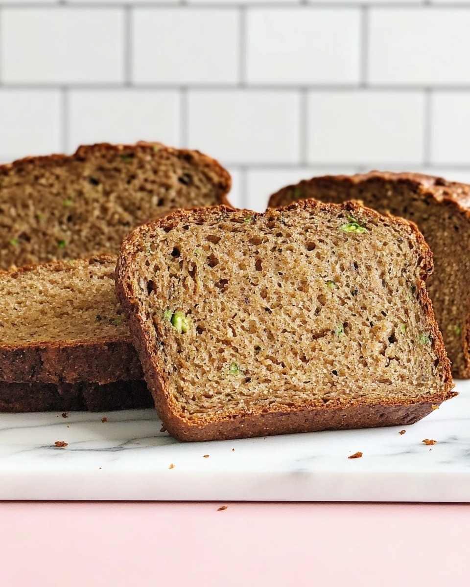 The image shows a loaf of brown bread with a rough, textured crust and four slices in total, one laying flat on a smooth white plate and three slices standing upright behind it. The inside of the bread is dense with small bits of green and grains scattered throughout. The setting has a clean white marbled surface and a blurred white tile wall background. Photo taken with an iphone --ar 4:5 --v 6.1