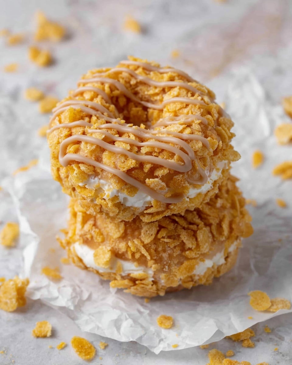 The image shows two stacked doughnut-shaped treats covered with a rough, bumpy layer of crushed cornflakes that have a golden yellow color. Between the two layers of the cereal coating, there is a thick, white creamy filling visible through the crunchy outer coating. The top of the sweets is decorated with thin, light brown lines of a smooth sauce drizzled evenly. The treats rest on crumpled white parchment paper over a white marbled surface with scattered cornflakes around. Photo taken with an iphone --ar 4:5 --v 7