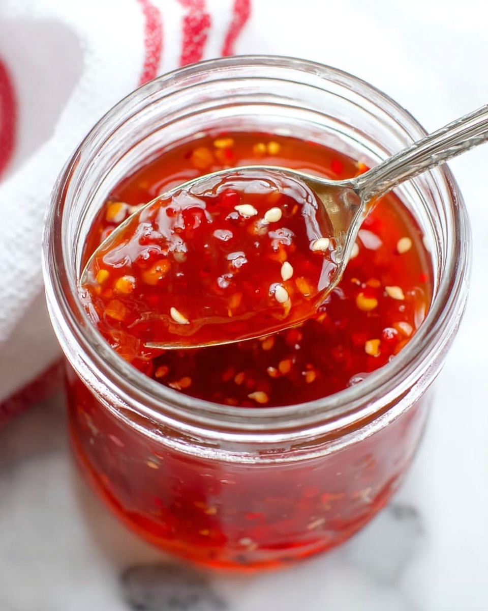 A close-up view of a clear glass jar filled with bright red chili sauce, showing small white chili seeds scattered throughout the glossy liquid. A silver spoon inside the jar holds a spoonful of the thick, shiny sauce, reflecting light and revealing its smooth texture with tiny bits of chili. The jar is placed on a white marbled surface, and a white and red cloth is partially visible in the background. photo taken with an iphone --ar 4:5 --v 7
