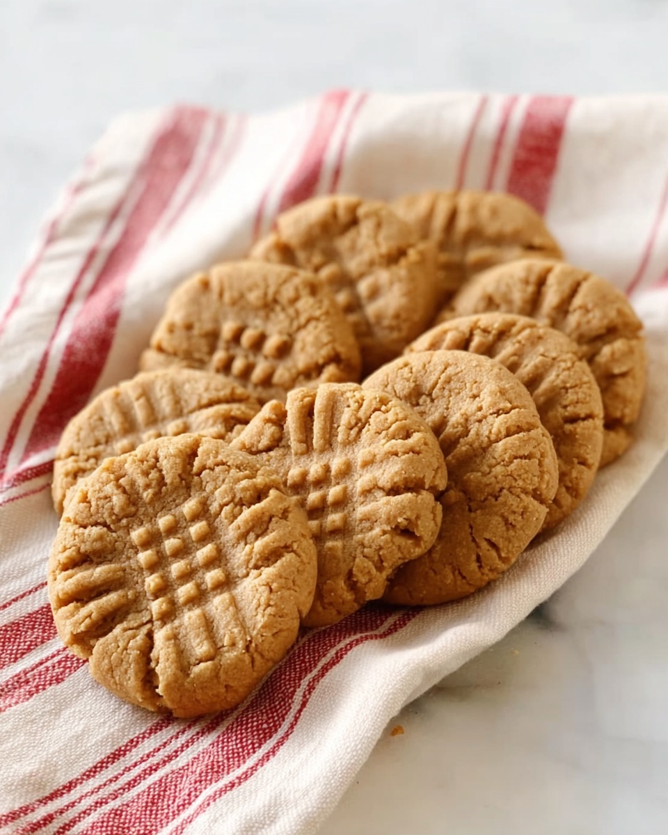 The image shows a stack of eight golden-brown peanut butter cookies, each with a crisscross fork pattern on top, placed on a white marbled surface. To the right of the stack, there are two more cookies lying flat. A white cloth with red stripes is draped loosely around the cookies. In the blurred background, a wooden board with more cookies and a metal spatula can be seen. The warm bokeh lights add a cozy feel. photo taken with an iphone --ar 4:5 --v 7