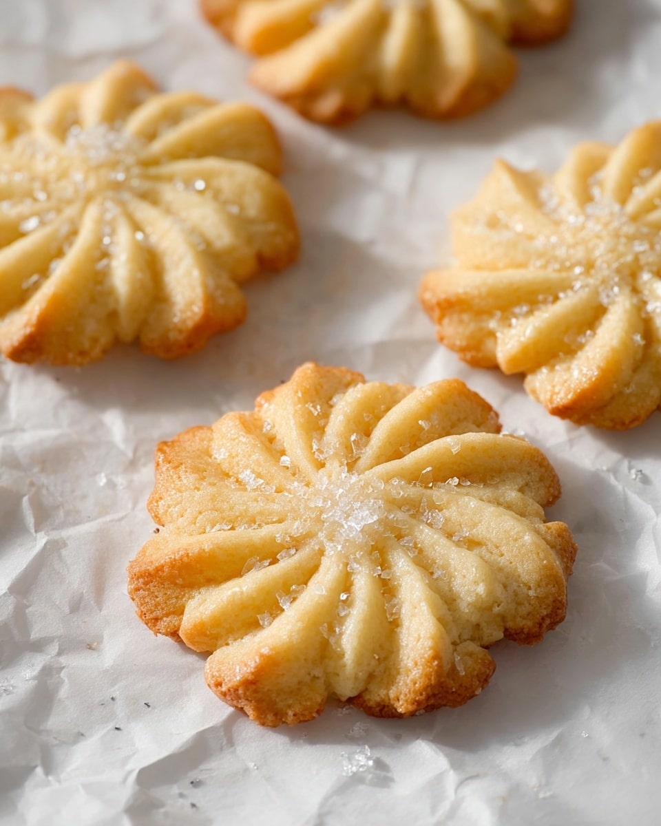The image shows a close-up of four golden-brown flower-shaped cookies placed on crumpled white parchment paper on a white marbled surface. Each cookie has a delicate, textured surface with raised petal-like edges curling slightly upward, creating a three-dimensional effect. The center of each cookie has a swirl pattern, and the cookies are sprinkled with coarse sugar crystals that add a touch of sparkle. The light reflects softly off the sugar crystals and the cookies’ slightly crisp edges, giving the scene a warm, inviting feel. Photo taken with an iphone --ar 4:5 --v 7