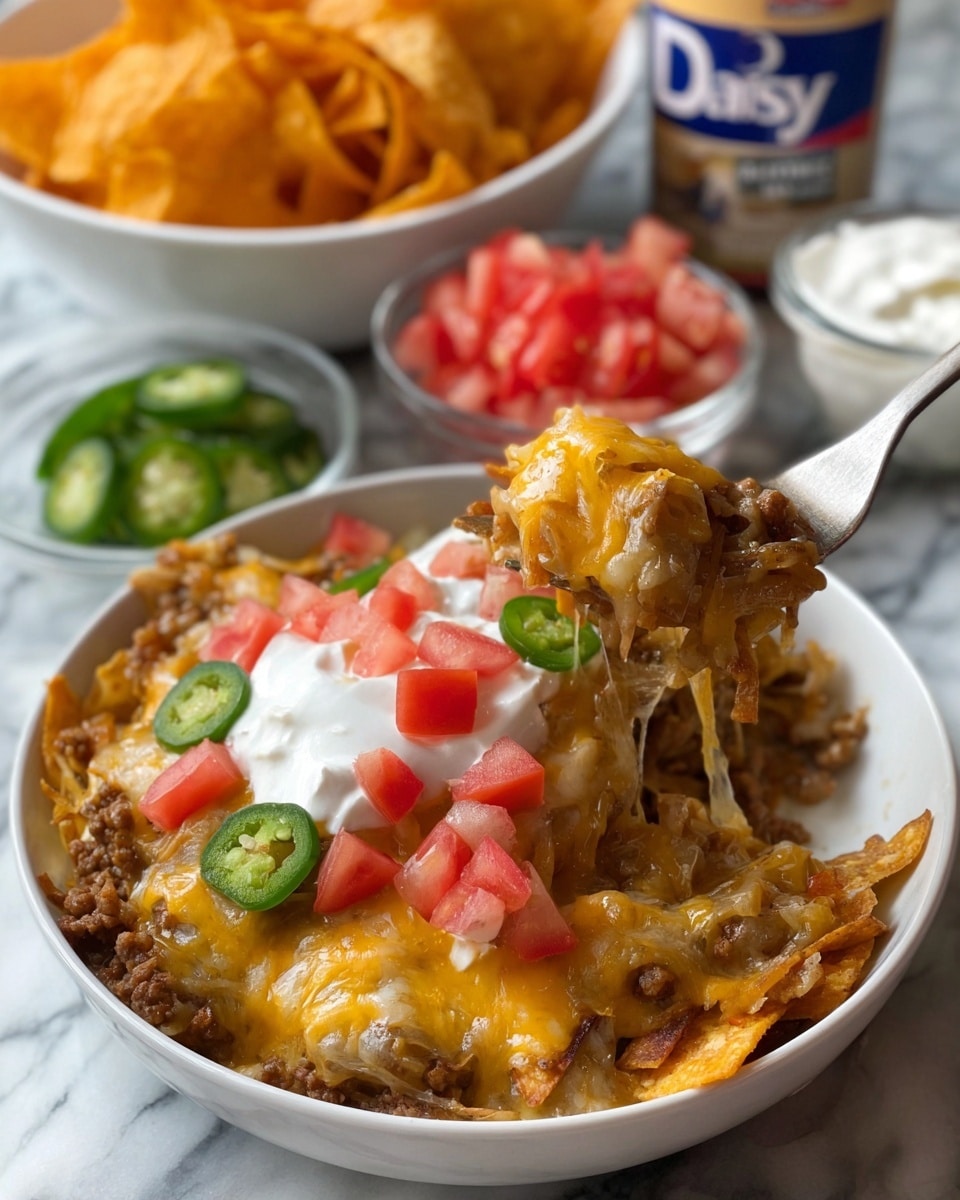 A white bowl filled with a layered dish that has a base of cooked noodles mixed with ground meat and melted cheddar cheese, topped with pieces of diced red tomato and crispy broken orange tortilla chips, with slices of fresh green jalapeño pepper visible among the layers. A spoon lifts a portion of the dish showing a mix of creamy sour cream, stringy melted cheese, noodles, meat, tomato, and tortilla chip pieces. Behind the bowl, white ramekins hold additional diced tomatoes and jalapeño slices, alongside a container of sour cream and a white bowl filled with orange tortilla chips, all set on a white marbled surface. Photo taken with an iphone --ar 4:5 --v 7