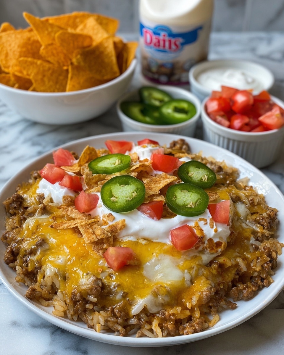 A white plate is filled with layered nachos starting with a base of melted shredded cheese mixed with ground meat and onions, topped with diced red tomatoes scattered evenly. On top are broken orange tortilla chips adding crunch and sliced fresh green jalapeños spread across. A dollop of white sour cream sits in the center, also topped with a few more broken tortilla chips and jalapeño slices. In the background, there are three small white bowls containing orange tortilla chips, diced red tomatoes, and sliced green jalapeños placed on a white marbled surface with a white container of sour cream behind. Photo taken with an iphone --ar 4:5 --v 7