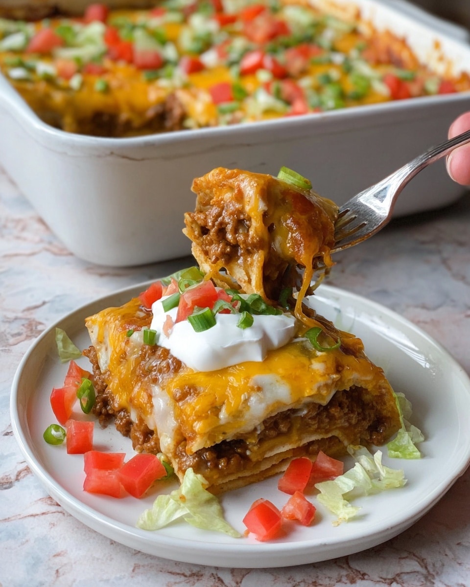 A white square baking dish with red handles is filled with a layered enchilada dish. The bottom layer shows a rich red sauce, topped by several rolled yellow corn tortillas arranged tightly side by side. The next layer is a generous covering of melted white and yellow cheese mixed together, slightly bubbling and spread evenly. Scattered over the cheese are small pieces of fresh green chopped green onions, adding color contrast. The dish sits on a white marbled surface. Photo taken with an iphone --ar 4:5 --v 7