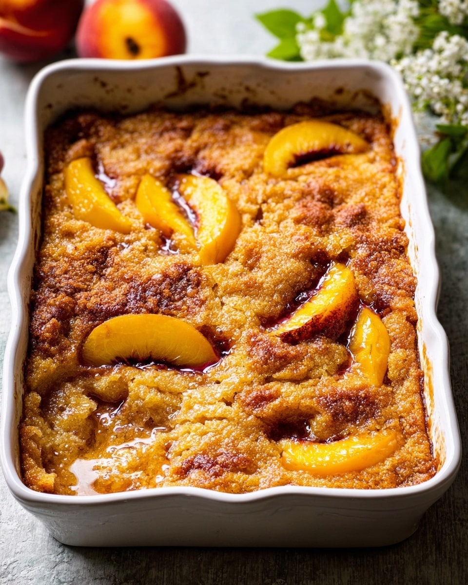 A white rectangular baking dish holds a golden-brown peach cobbler with a textured, slightly crispy top layer. The top layer forms an uneven crust with soft, glossy peach slices scattered throughout, showing orange-yellow fruit with dark reddish edges and juicy shine. The crust has a rough, crumbly texture with some darker brown spots where it is more baked, and peach juices bubble around the edges. The dish is placed on a white marbled surface with small white flowers and a peach in the background. photo taken with an iphone --ar 4:5 --v 7