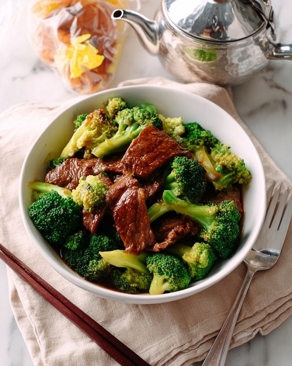 A white bowl sits on a light beige cloth over a white marbled surface, filled with a vibrant dish of broccoli and beef. The bottom layer is made of bright green broccoli florets with shiny, slightly textured stems. Sitting on top are large pieces of tender beef with a rich brown glaze that looks glossy and smooth. The beef is mixed evenly with the broccoli, creating a balanced look of green and brown. Next to the bowl are dark wooden chopsticks and a silver fork. In the background, there is a shiny silver teapot and a wrapped snack near a ceramic cup. The whole image is clear and warm, photo taken with an iphone --ar 4:5 --v 7