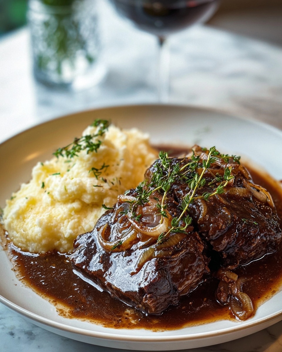 The dish shows two thick layers of dark brown cooked meat with a shiny glaze, laying in a pool of rich brown sauce with soft cooked onion slices. On top of the meat, there are fresh green thyme sprigs, adding touch of color. To the left side of the round white plate, there is a serving of light creamy mashed potatoes topped with a small green thyme sprig. The plate sits on a white marbled surface, with a blurred wine glass in the background. photo taken with an iphone --ar 4:5 --v 7