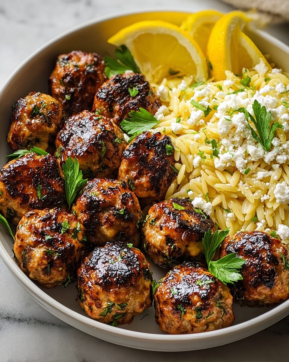 A white bowl holds a dish with two main layers arranged side by side. On the right, there are about twelve round, brown meatballs with a charred surface, speckled with green herbs, giving a rough texture, and garnished with fresh green parsley leaves. On the left, a layer of light yellow orzo pasta is topped with small white crumbled cheese and thin lemon zest strips, adding a soft texture. Two lemon wedges rest beside the pasta, their bright yellow color contrasting with the pasta and meatballs. The bowl is placed on a white marbled surface. photo taken with an iphone --ar 4:5 --v 7