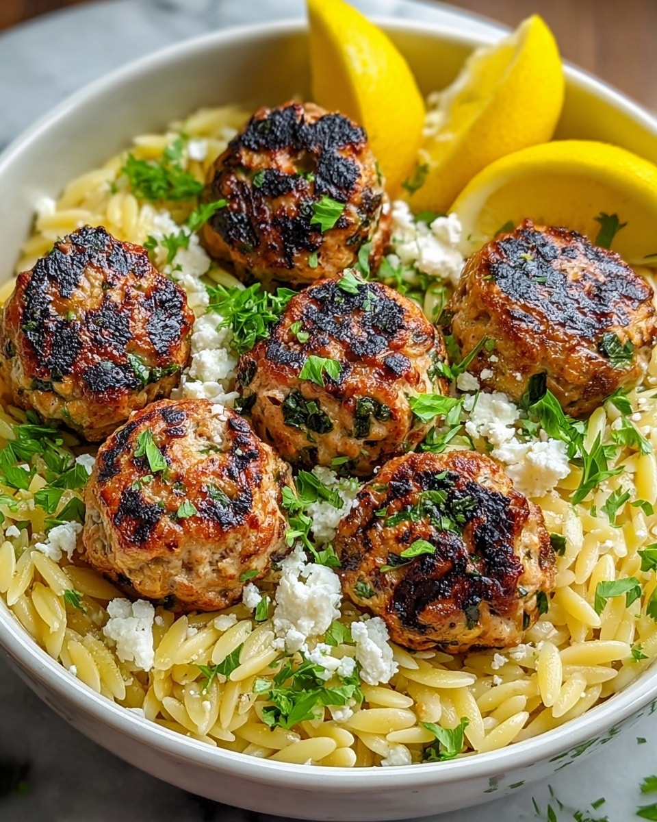 A white bowl filled with three layers: the bottom layer is light yellow orzo pasta, the middle layer is several golden brown grilled meatballs with small green herb pieces and some charred spots, and the top layer is small white crumbles of cheese scattered on one side. On the edges of the bowl, there are bright yellow lemon wedges and fresh green parsley pieces sprinkled on top. The bowl is on a white marbled surface. Photo taken with an iphone --ar 4:5 --v 7