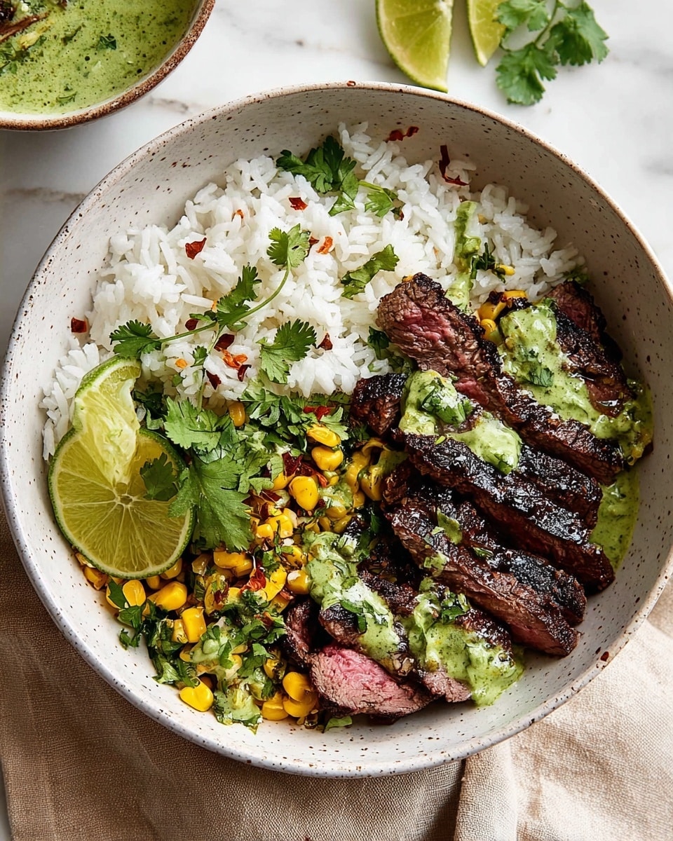 A white speckled bowl holds two layers: on the left, fluffy white rice topped with fresh green cilantro leaves and small yellow corn pieces with some chili flakes scattered around; on the right, slices of grilled steak with a pink center and charred edges, drizzled with a green sauce and garnished with chopped cilantro. Two lime halves rest on top near the steak; the bowl sits on a white marbled surface with a beige cloth nearby. A bowl with the same green sauce is partially visible in the upper left corner. Photo taken with an iphone --ar 4:5 --v 7