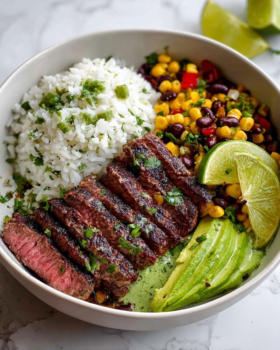 A white bowl with four layers arranged side by side: on the left is a mound of white rice topped with green herb pieces; next to the rice are several slices of medium-rare grilled steak with a dark brown crust and pink inside, sprinkled with some green herbs; next to the steak is a colorful mix of grilled corn kernels, green peas or beans, and small pieces of red vegetable with some green herbs on top; on the far right are bright green slices of avocado with a green creamy sauce around them, two lime wedges lean against the avocado. The bowl sits on a white marbled surface. Photo taken with an iphone --ar 4:5 --v 7