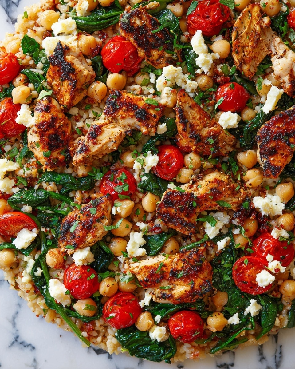 The dish shows a colorful mix with five main layers visible from above: the base layer is a bed of light brown cooked rice with a soft texture; scattered throughout are round, beige chickpeas adding a smooth, firm layer; next are dark green spinach leaves, wilted but vibrant, spread evenly; red cherry tomatoes, some whole and some sliced, add a shiny, juicy contrast on top; and lastly, grilled chicken pieces with a golden-brown, slightly charred crust are placed over everything. Small white cubes of crumbly cheese and light green herbs sprinkled on top complete the look, all set on a white marbled surface. photo taken with an iphone --ar 4:5 --v 7