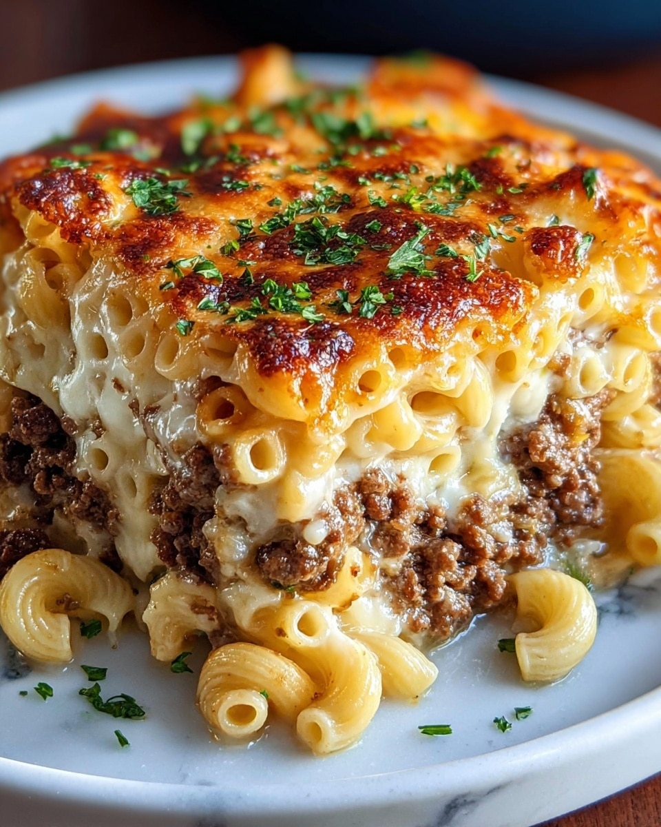 A close-up of a slice of baked macaroni and ground beef casserole on a white plate showing multiple layers: the bottom layer has elbow macaroni pasta mixed with creamy white cheese sauce, the middle layer is a mix of browned ground beef and more cheese sauce, and the top layer is melted golden brown cheese with crispy browned spots, sprinkled with chopped green herbs. The texture is creamy and slightly bubbly with a crispy cheese crust on top, all sitting on a white marbled surface. Photo taken with an iphone --ar 4:5 --v 7