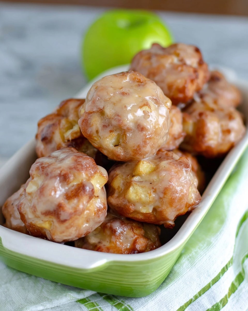 A pile of round, glazed apple fritters sits inside a long white dish, each fritter showing a golden brown color with visible chunks of apple baked in. The fritters have a shiny, slightly translucent icing that covers their uneven surface. Behind the dish, a green apple adds a pop of color, while a white marbled background keeps the focus on the fritters. A white dish towel with green stripes is placed under the dish. Photo taken with an iphone --ar 4:5 --v 7