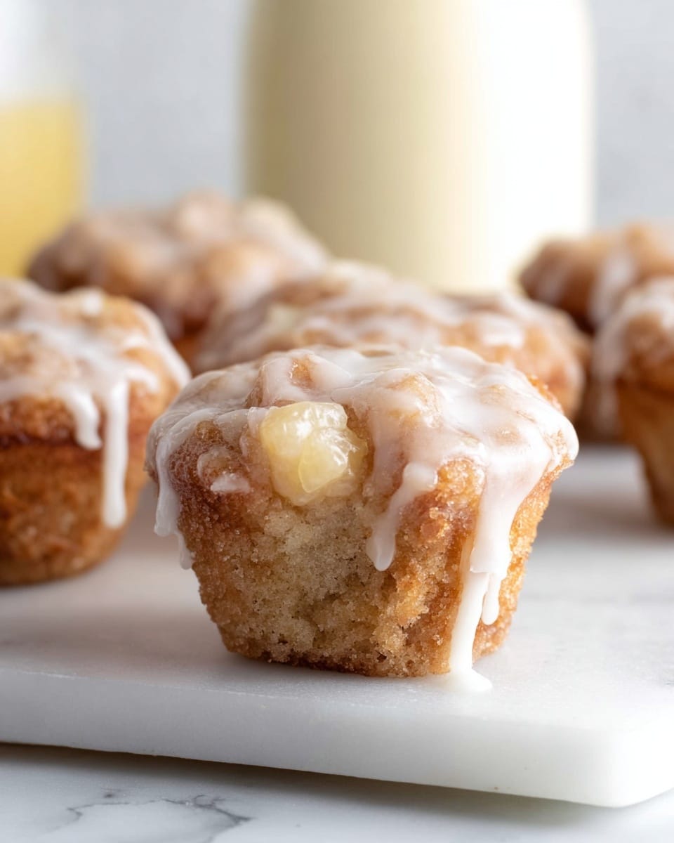 The image shows small muffins with a light brown, slightly rough texture base that looks soft and moist. On top of each muffin is a layer of glossy, white glaze that drips slightly down the sides. The muffins have small chunks of a pale yellow ingredient mixed inside, giving each one a varied and chunky look. They sit on a white marble surface, with a softly blurred background featuring bottles that add subtle light cream and white tones. The overall scene is bright and clean, focusing closely on the front muffin with others softly out of focus behind it. photo taken with an iphone --ar 4:5 --v 7