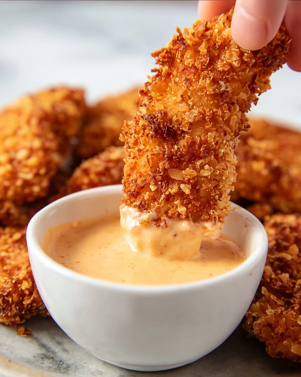 A close-up of a crispy golden brown chicken tender being dipped into a small white bowl filled with creamy, light orange sauce, showing the rough crunchy texture of the coating on the tender. The tender is held by woman's hand just above the bowl with more crispy tenders blurred in the background, all placed on a white marbled surface. The sauce clings to the bottom edge of the tender as it is dipped, giving a rich and tasty look. photo taken with an iphone --ar 4:5 --v 7