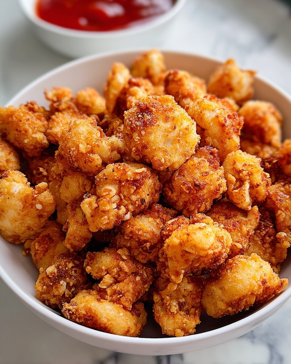 A white bowl is filled with many small, golden-brown crispy fried pieces, each with a rough, crunchy texture and some darker browned spots, showing a crunchy outer layer. The bowl sits on a white marbled surface, and in the blurry background, there is a white dish with bright red sauce. The fried pieces are piled high, filling the bowl completely, with visible seasoning specks on their surface, making the food look tasty and crunchy. Photo taken with an iphone --ar 4:5 --v 7
