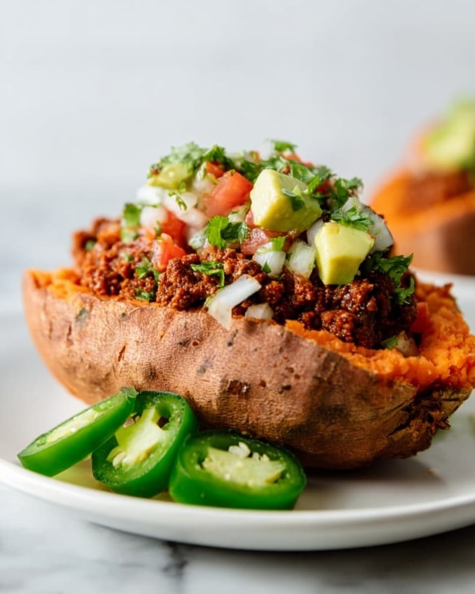 A white plate holds a halved sweet potato with its orange flesh as the base layer, topped thickly with a layer of crumbly, browned ground meat mixed with sauce. On top of that is a fresh salsa layer made of chopped avocado, tomato, onion, and green herbs, adding green, red, white, and leafy textures. To the side on the plate are three slices of green jalapeño pepper. The scene is set against a white marbled surface. photo taken with an iphone --ar 4:5 --v 7