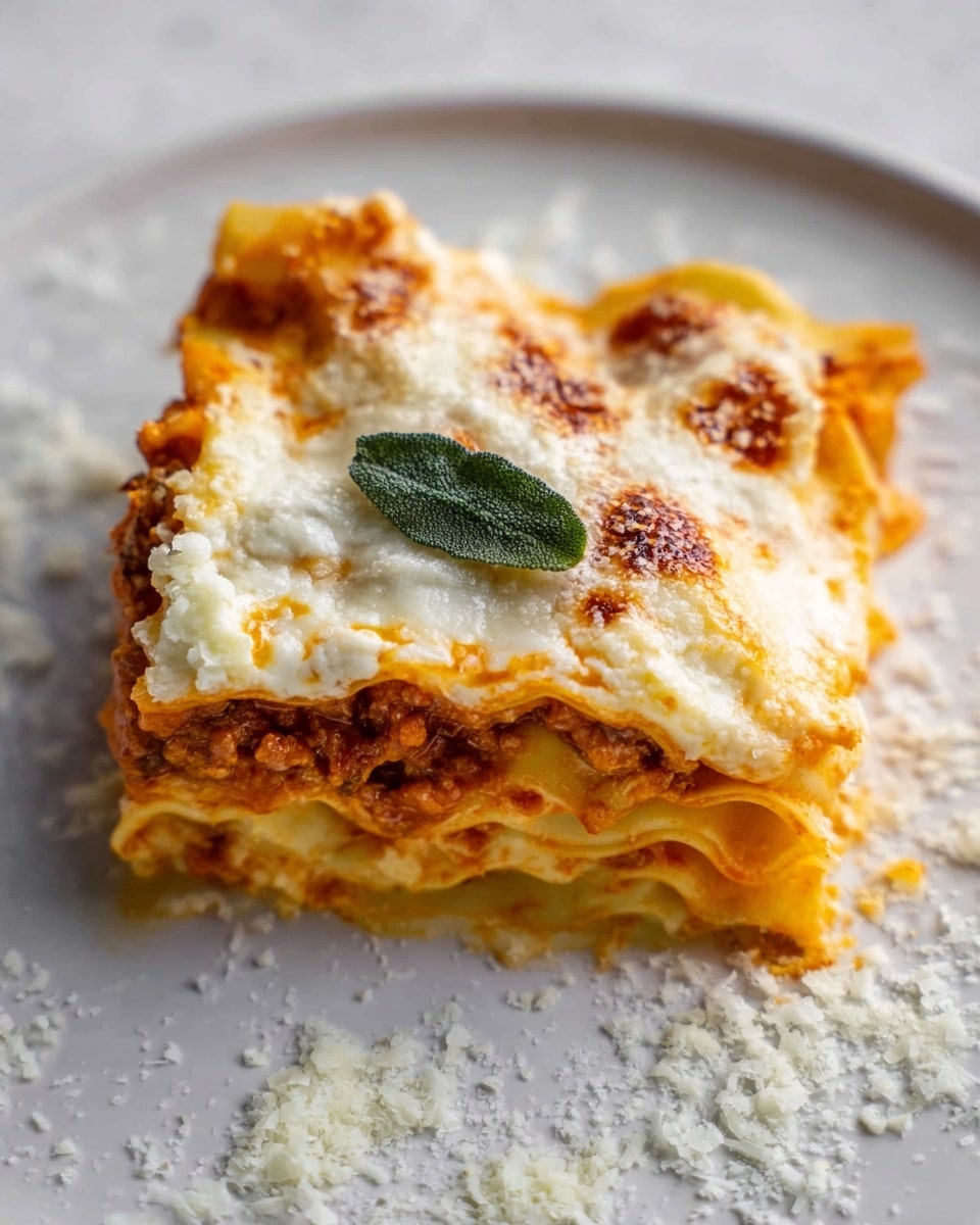 A piece of lasagna sits on a white plate with a white marbled texture beneath, showing three visible layers: the bottom layer is orange meat sauce with a soft texture, the middle layer is a yellow pasta sheet with ruffled edges, and the top layer is creamy melted cheese that is golden brown in some spots. A small green sage leaf rests on top of the cheese, and grated cheese is sprinkled around the plate. The photo taken with an iphone --ar 4:5 --v 7