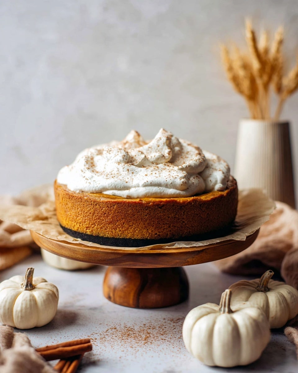 The image shows a thick, golden-brown pie with a firm crust on the sides, sitting on a wooden stand with a round top and three legs. On top of the pie is a tall, swirled layer of white whipped cream, sprinkled lightly with a dusting of brown spice. The background is soft with neutral tones and includes white pumpkins and a small vase with dried wheat stalks. A brown cloth is draped casually under the stand, and on the white marbled surface near the pie, there is a small white bowl holding some brown sugar topped with two cinnamon sticks. Photo taken with an iphone --ar 4:5 --v 7
