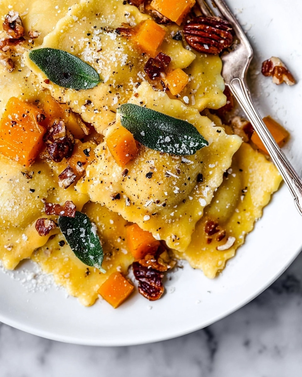 The image shows a close-up of square ravioli pieces with a pale yellow color and a slightly textured surface, layered with small orange cubes of squash, chopped pecans, and a few green sage leaves. The ravioli are sprinkled with grated white cheese and a light dusting of black pepper, creating a speckled appearance. The dish is served on a white plate with a subtle textured edge, placed on a white marbled surface. A metal fork is partially visible on the left side, resting on the plate. Photo taken with an iphone --ar 4:5 --v 7