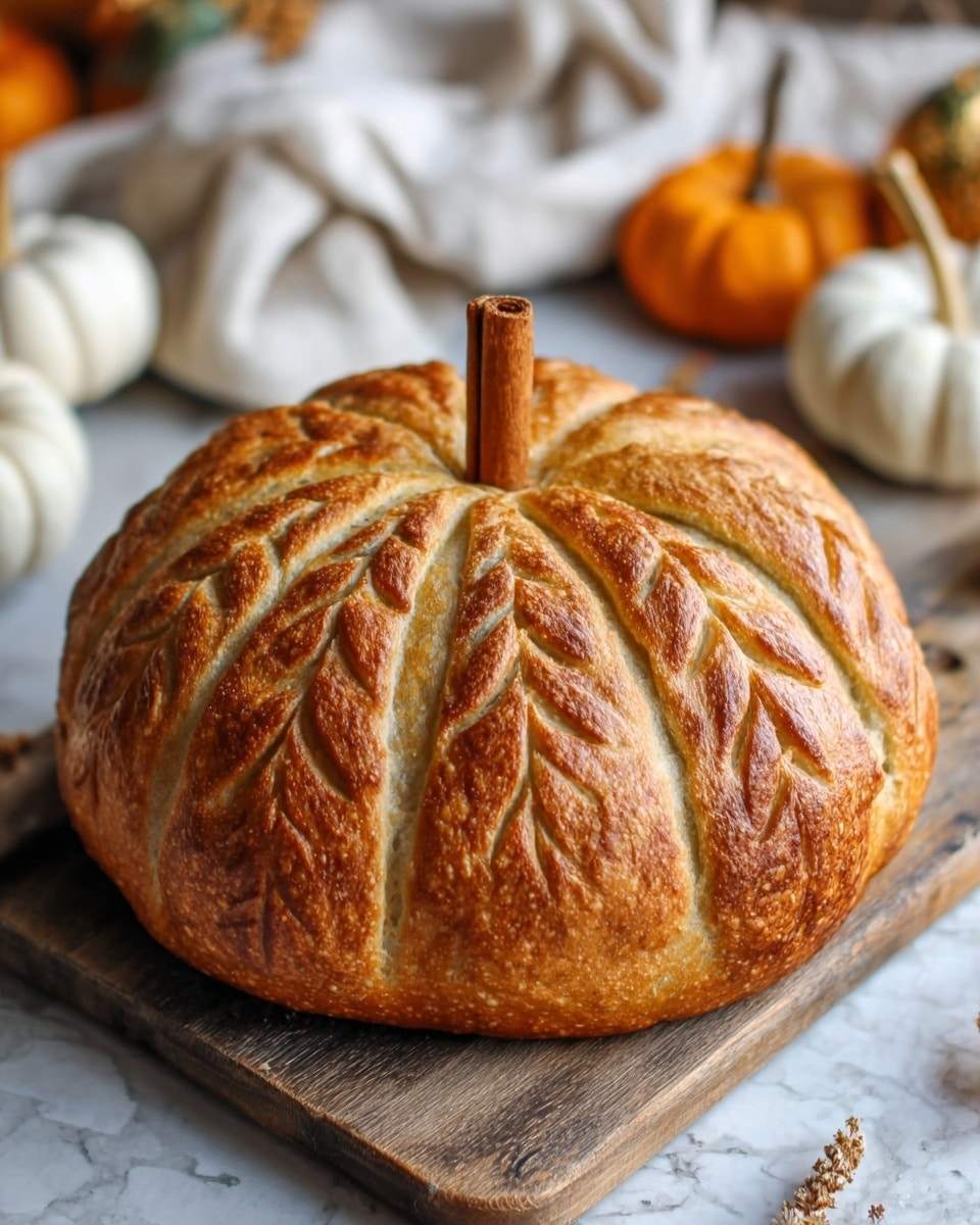 A round pumpkin-shaped bread with six distinct sections, each showing detailed leaf-like patterns etched on the golden-brown crust. A single cinnamon stick stands upright in the center, mimicking a pumpkin stem. The bread rests on a wooden board, surrounded by small white and orange pumpkins, all set on a white marbled surface. The background has soft, warm tones with blurred fabric adding a cozy feel. Photo taken with an iphone --ar 4:5 --v 7
