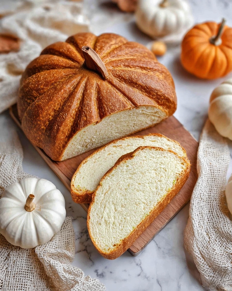 The image shows a loaf of pumpkin-shaped bread with one thick slice cut from it and placed in front. The loaf has distinct curved ridges on top, mimicking the shape of a pumpkin, with a cinnamon stick inserted as the stem in the middle. The bread’s crust is golden brown with a lightly textured surface, and the inside of the sliced bread is soft and pale beige with small air pockets. Around the bread, there are small white and orange pumpkins. The items rest on a rustic wooden board on a white marbled surface. Photo taken with an iphone --ar 4:5 --v 7