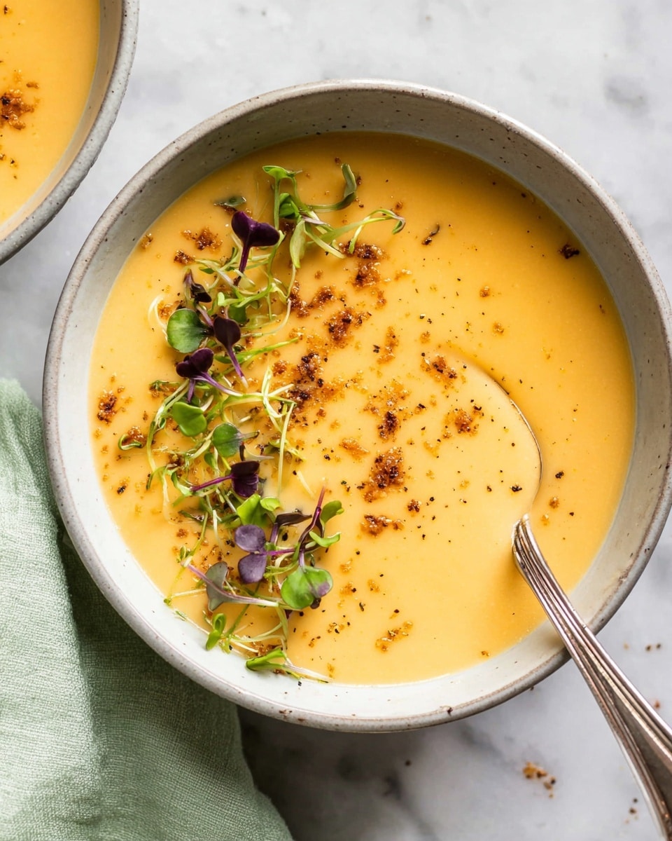 The image shows two bowls of creamy yellow soup with a smooth texture. Each bowl is white and filled almost to the top with the soup, which is topped with small green and purple microgreens and little brown crispy bits scattered across the surface. A spoon is resting in the front bowl, partially dipped into the soup. The bowls are placed on a white marbled surface, with a green cloth napkin near the front bowl. Photo taken with an iphone --ar 4:5 --v 7