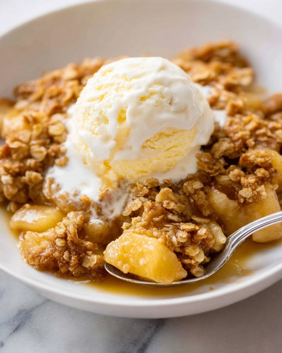 The image shows a close-up of a white plate with a warm apple crumble. The bottom layer is soft cooked apple chunks with a light golden color, mixed with syrupy juices. On top, there is a thick layer of crumbly oat and brown sugar topping that is golden brown and crunchy. A round scoop of creamy white vanilla ice cream sits on top, slightly melting and blending into the crumble, creating a smooth mix of warm and cold textures. The plate rests on a white marbled surface. Photo taken with an iphone --ar 4:5 --v 7