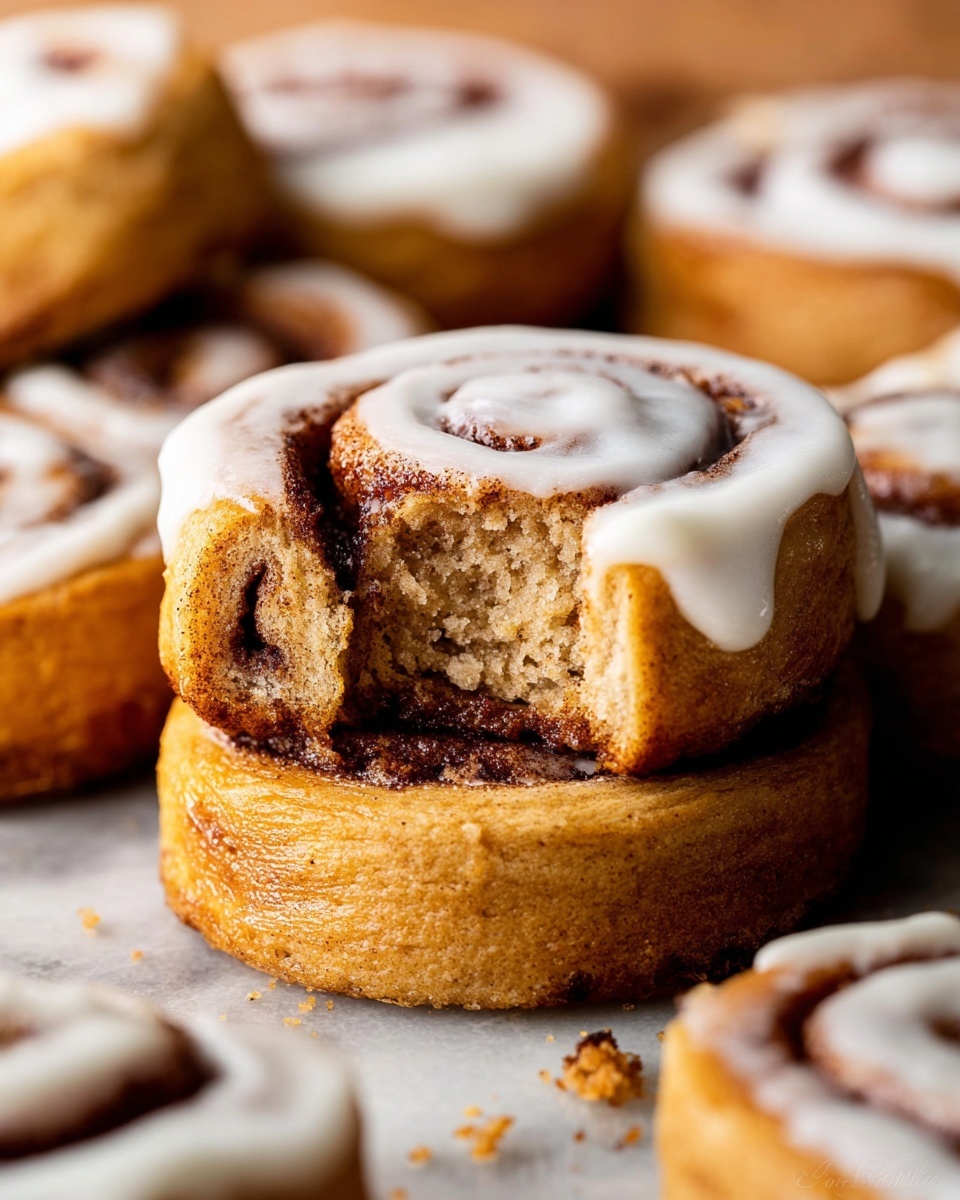The image shows a close-up of many cinnamon rolls placed closely together, each roll having two visible layers: a light brown dough layer with a soft texture, and a darker brown cinnamon filling that spirals inward. The rolls are generously drizzled with a creamy white icing that flows in thin, uneven lines over the tops and sides, adding a shiny texture. The background features a subtle white marbled surface that makes the warm colors of the cinnamon rolls stand out. photo taken with an iphone --ar 4:5 --v 7
