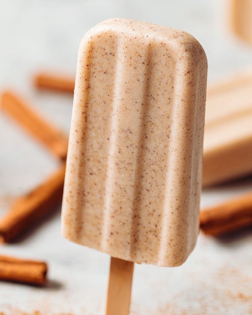 The image shows a single light brown popsicle with a smooth texture and tiny darker specks evenly spread throughout. It is held upright with a pale wooden stick, and the background is a soft white marbled surface. In the blurred background, there are additional sticks of the popsicle and a few blurred cinnamon sticks, adding a warm tone to the scene. The popsicle is centered and takes up most of the foreground, with a slight frostiness on its surface. photo taken with an iphone --ar 4:5 --v 7
