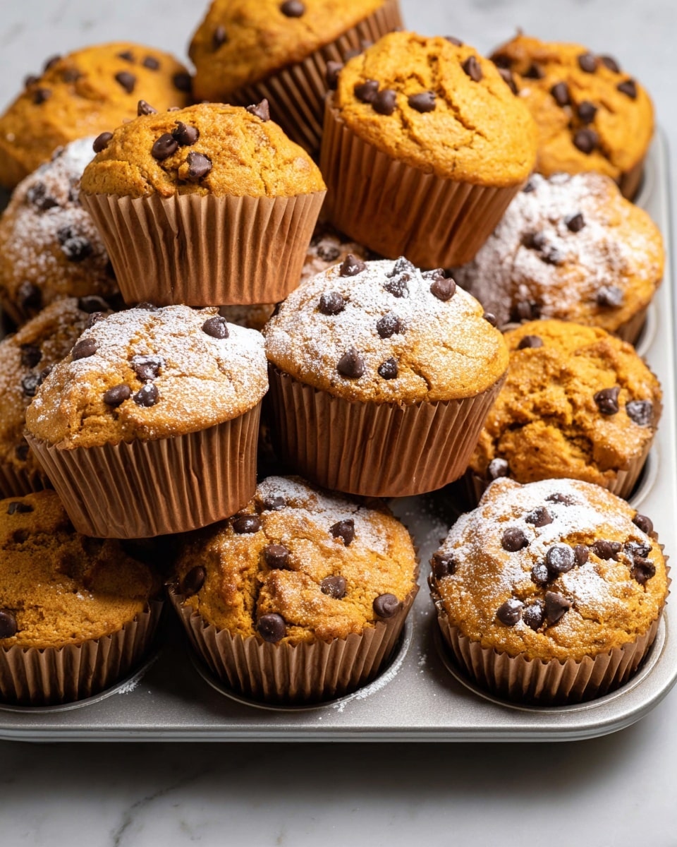 The image shows a group of small, golden brown muffins with chocolate chips scattered inside and on top. They are arranged in a silver metal muffin tray with some muffins inside the tray and others placed around it. A few muffins have a light dusting of powdered sugar on top, adding a subtle white contrast. The muffins have a soft, slightly bumpy texture with paper liners around the base. The background is a white marbled surface, giving a clean and bright look. Photo taken with an iphone --ar 4:5 --v 7
