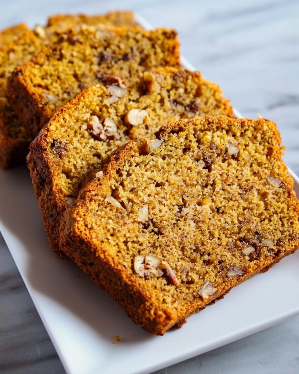 The image shows several slices of moist, orange-brown loaf cake with visible pieces of walnuts and darker spots spread throughout the inside, indicating a textured and nutty mixture. The slices are layered slightly overlapping each other on a long white rectangular plate, which is placed on a white marbled surface. The texture of the cake looks soft and crumbly with a slightly rough, golden crust on the edges. Photo taken with an iphone --ar 4:5 --v 7
