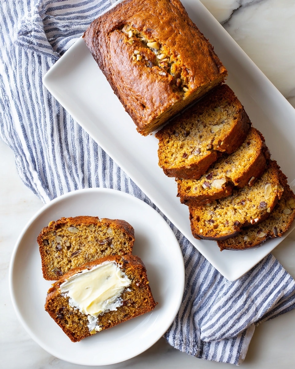 A white rectangular plate holds a loaf of orange-brown nut bread, partially sliced with three thick slices showing texture filled with chopped nuts inside. Next to it on the white marbled surface is a white plate with a single slice of the bread spread with creamy, soft butter melting into the warm texture. A blue and white striped cloth napkin is placed nearby on the marbled surface. The photo taken with an iphone --ar 4:5 --v 7