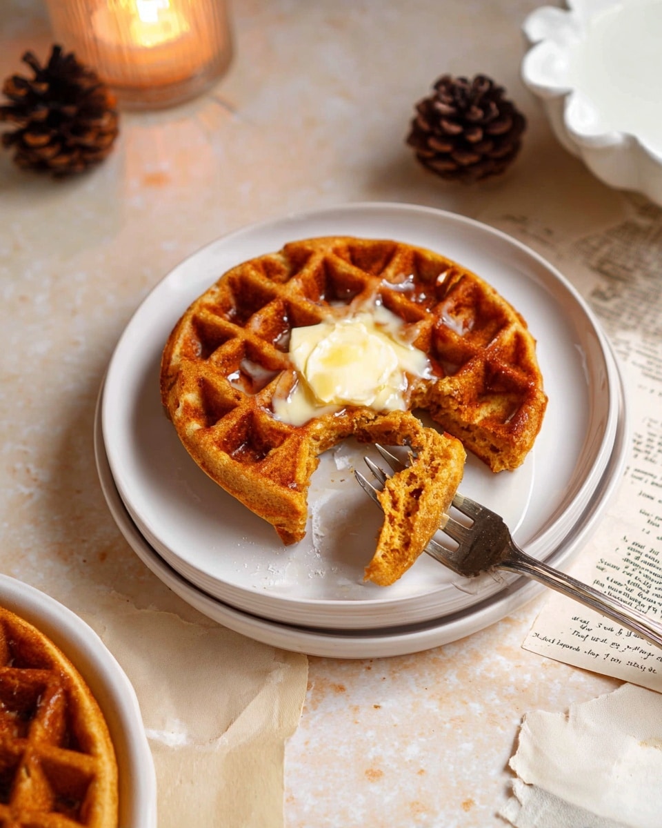 A single thick golden brown waffle with deep square pockets sits in the center of a white plate stacked on another white plate. The waffle has a small dollop of melting light yellow butter in the middle that is spreading into the squares. A silver fork is holding a few pieces of the waffle lifted from the plate on the right side. The plate is on a pale beige surface with a soft white marbled texture, with scattered items around: a pine cone on the lower right, a white cup filled with a frothy light drink at the top, a small brown ceramic bowl to the right, and a torn vintage paper with black text and a small illustration next to the plate. Photo taken with an iphone --ar 4:5 --v 7