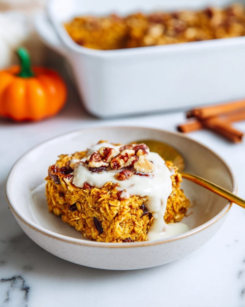 A square piece of baked oatmeal sits on a white bowl, showing a warm orange-brown color with visible oats and dark spots from raisins or nuts inside. The oatmeal slice has a thick, moist texture and is topped with a dollop of white creamy sauce lightly sprinkled with small pecan pieces. A golden spoon with some creamy sauce on it rests to the right side inside the bowl. In the background, part of a white baking dish with more baked oatmeal is visible on a white marbled surface, along with a small orange pumpkin decoration and cinnamon sticks slightly blurred. Photo taken with an iphone --ar 4:5 --v 7
