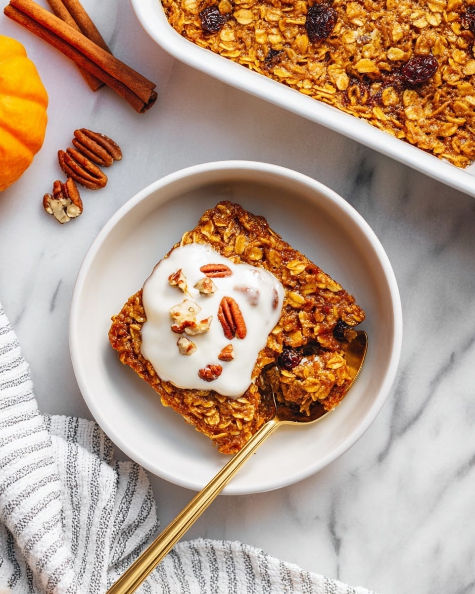 The image shows a single square piece of baked oatmeal on a white plate, resting on a white marbled surface. The oatmeal layer is golden-brown with visible oats and dark raisins mixed in, giving it a textured look with some nuts on top. A dollop of white cream with nut pieces sits in the center of the oatmeal square. A gold spoon holding a small bite of the oatmeal with cream touches the plate on the right side. In the background on the upper right, a white rectangular baking dish filled with more golden-brown baked oatmeal is partially visible. There are cinnamon sticks and walnut pieces scattered near the plate, and a striped cloth napkin is placed on the lower right corner. photo taken with an iphone --ar 4:5 --v 7
