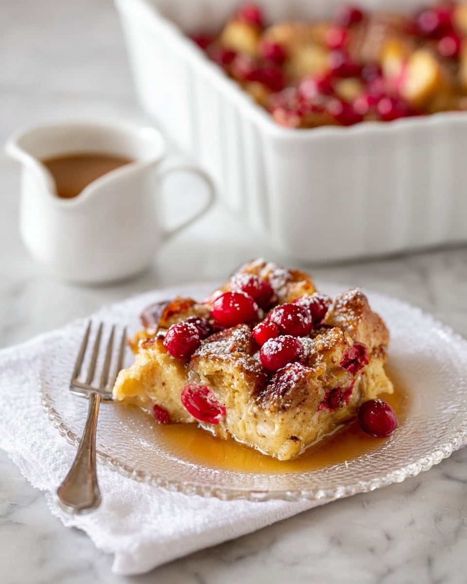 The image shows a piece of bread pudding served on a clear glass scalloped plate, placed on a white cloth. The bread pudding has a soft, golden-brown texture with a slight crust on the edges and is topped with bright red whole cranberries scattered on top and around the edges. Light powdered sugar is dusted on the bread pudding and cranberries. A silver fork is placed to the right side of the plate. In the background, there is a white baking dish filled with more of the bread pudding and cranberries, slightly out of focus. Next to the plate, a small white cup with a brown sauce or syrup is partly visible. The surface under everything has a white marbled texture. photo taken with an iphone --ar 4:5 --v 7