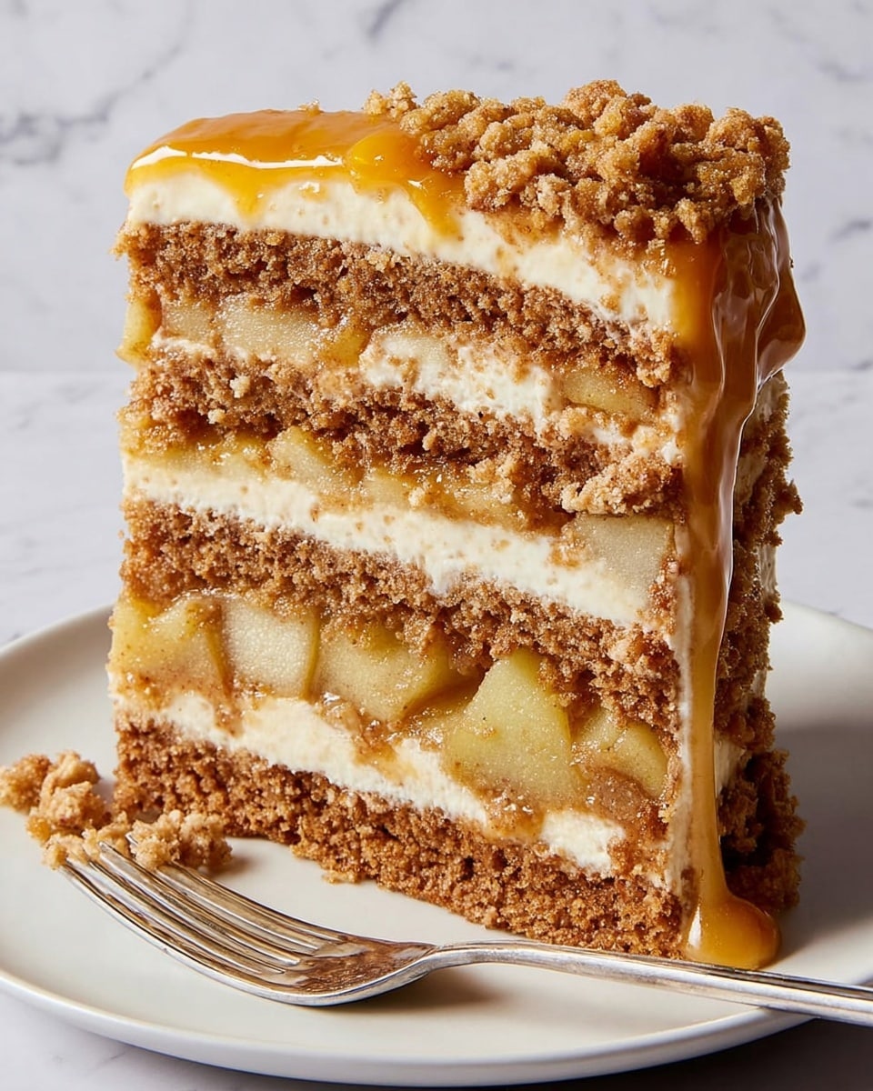 A tall slice of layered cake is shown on a white plate with a silver fork resting on it. The cake has four thick layers of light brown spongy cake, separated by creamy off-white frosting and chunky pieces of cooked apple filling that look soft and moist. The top of the cake is covered with a smooth layer of caramel sauce dripping slightly down the sides, and a crumbly golden crumble topping adds texture. The background is a white marbled surface. Photo taken with an iphone --ar 4:5 --v 7