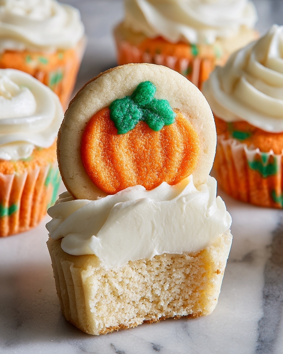 The image shows a dessert with three clear layers: the bottom layer is a thin, soft cookie with orange and green colors, the middle layer is a thick, creamy white filling that looks smooth and soft, and the top layer is a round, light-colored cookie decorated with an orange pumpkin and green leaves drawn on it. The dessert sits on a white marbled surface, with one dessert in the front and two more in the background inside white paper cups, each topped with a swirl of white cream behind the round cookie. Photo taken with an iphone --ar 4:5 --v 7