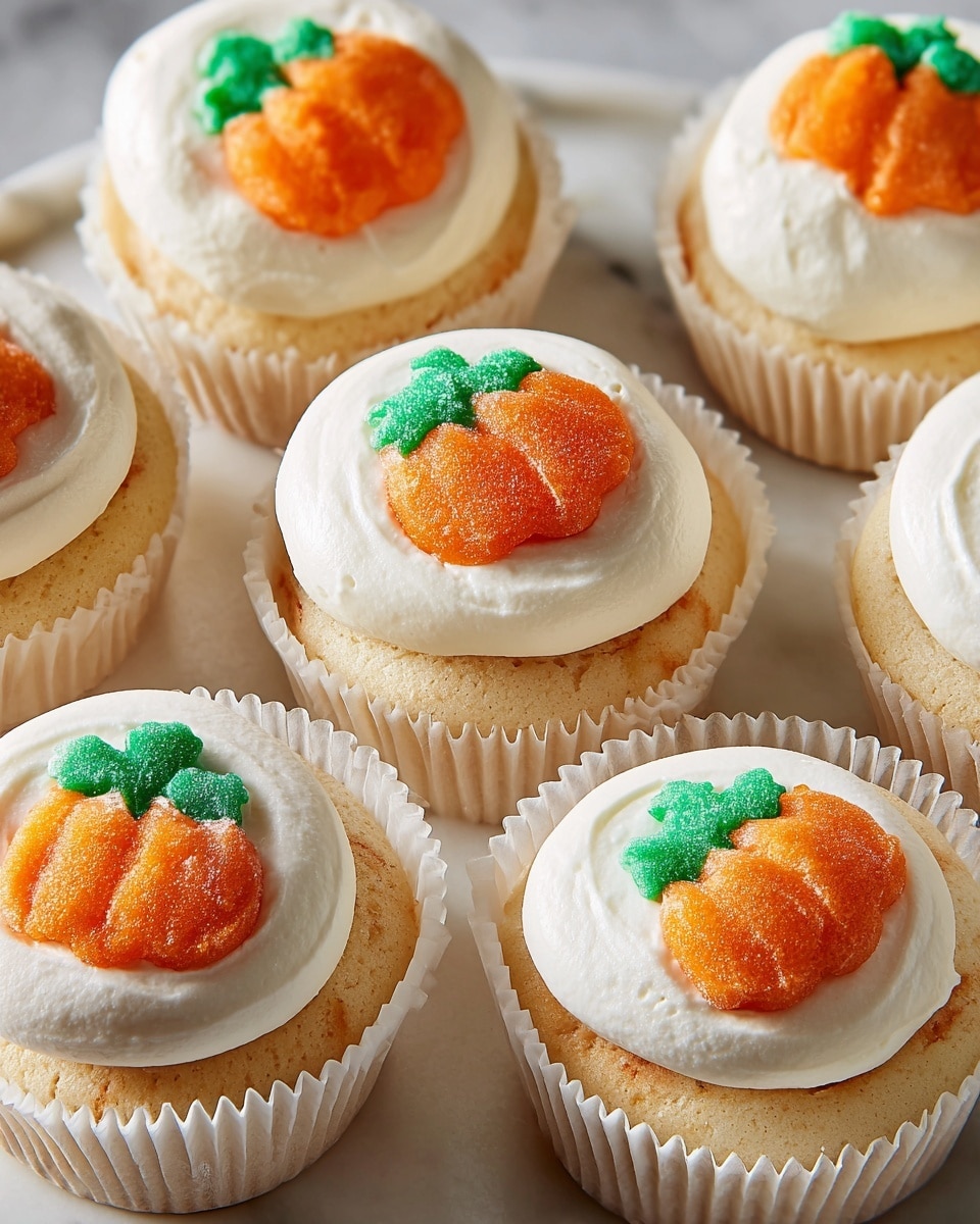 The image shows six small desserts placed in white paper cups on a white marbled surface. Each dessert has two main layers: the bottom layer is a soft beige cookie with an orange and green strawberry design printed on the top, and the top layer is a smooth, thick swirl of white cream that partially covers the cookie. The cookies have a slightly textured, soft look, while the cream is smooth and fluffy. The overall arrangement is neat, and the lighting is bright, showing the colors and textures clearly. Photo taken with an iphone --ar 4:5 --v 7
