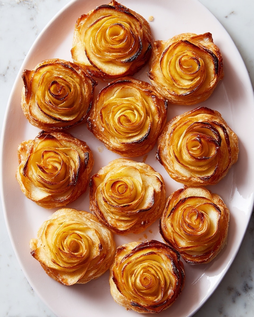 The dish shows five pastries shaped like roses on a white plate, placed on a white marbled surface. Each pastry has numerous thin layers of golden-brown dough, with edges that are slightly darker and crisp. The inner layers are arranged in a spiral to look like delicate rose petals, displaying a soft yellow to light brown color, with some parts gently caramelized. Small sugar crystals are sprinkled on the pastries' tops, adding a sparkling touch to their texture. photo taken with an iphone --ar 4:5 --v 7